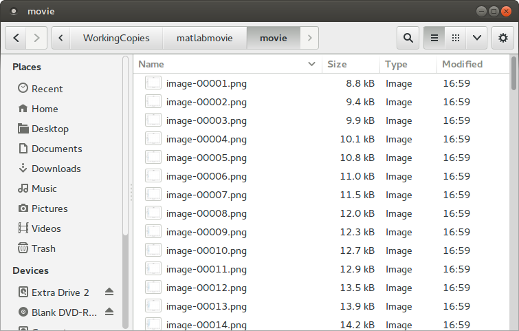 File listing showing a sequence of numbered PNG image files produced by the MATLAB script.